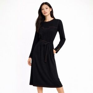 Vtg Albert Nipon Women Dress Black M Jersey Contrast Stitch Work 90s Minimalism